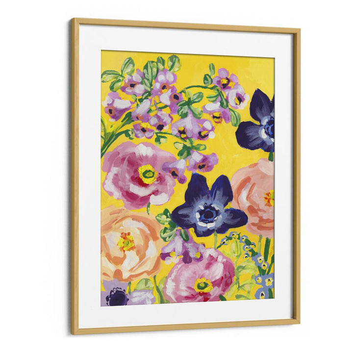 Navy Anemones On Yellow By Ania Zwara Botanical Art Prints Floral Paintings in Oak Wood Frame With Mount