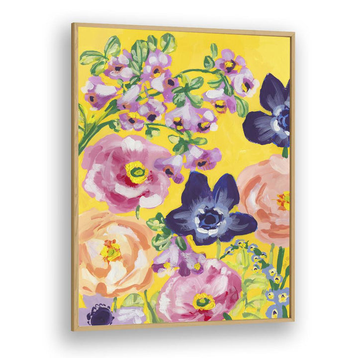 Navy Anemones On Yellow By Ania Zwara Botanical Art Prints Floral Paintings in Oak Wood Plain Frame