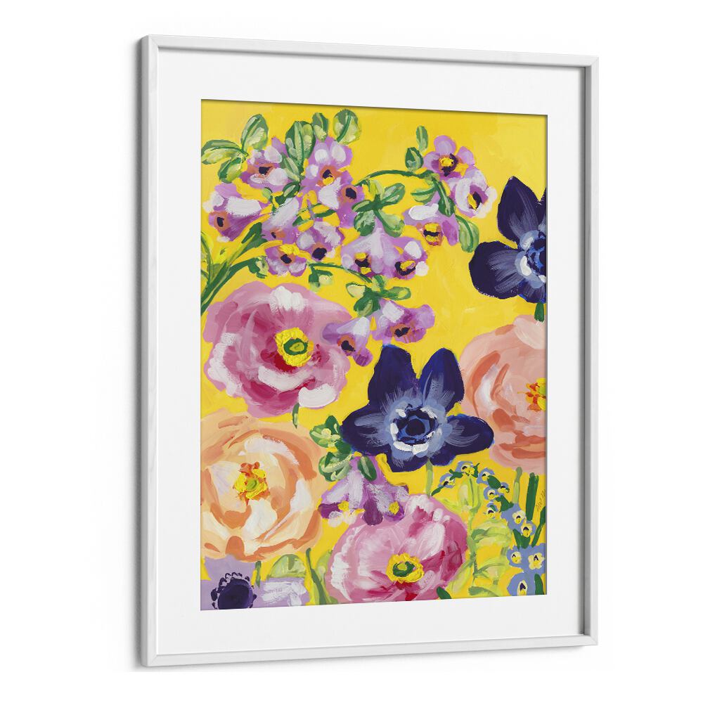 Navy Anemones On Yellow By Ania Zwara Botanical Art Prints Floral Paintings in White Frame With Mount