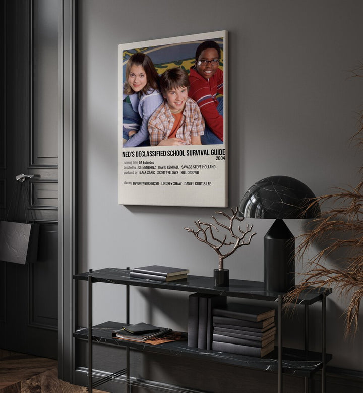 Neds Declassified School Survival Guide 2004 Movie Posters in Gallery Wrap hanging on wall above console table beside door and window