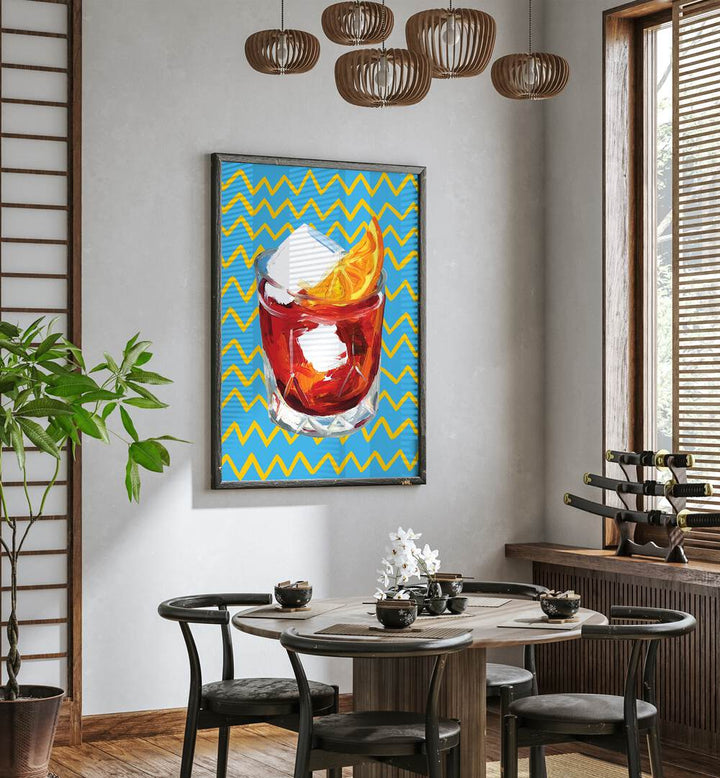 Negroni Blue by Alice Straker Bar Posters Bar Art Prints in Black Plain Frame placed on a wall in a dining room area beside a window and behind a dining table