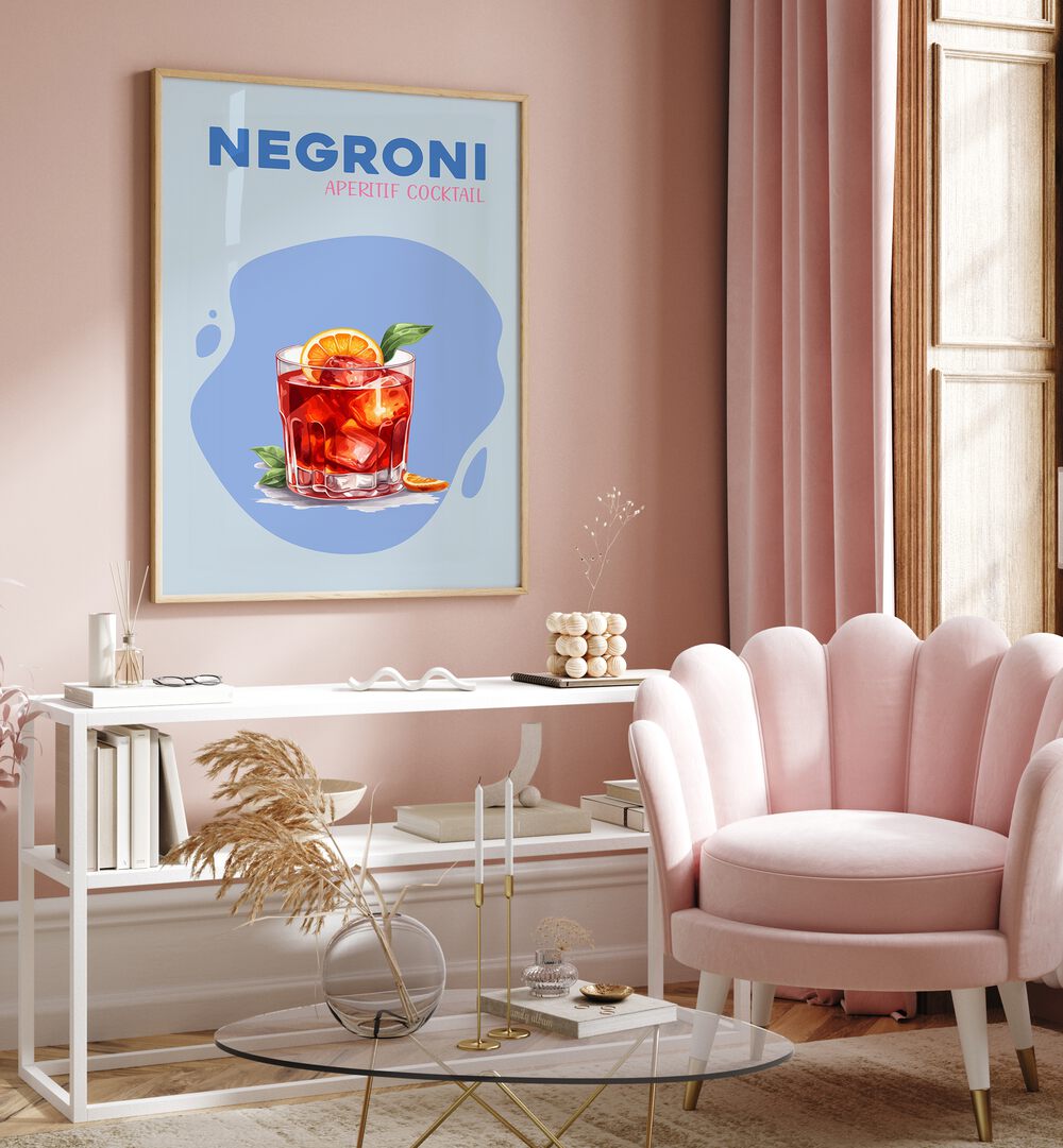 Negroni Cafe Art Prints Cafe Posters in Oak Wood Plain Frame placed on a wall behind a table