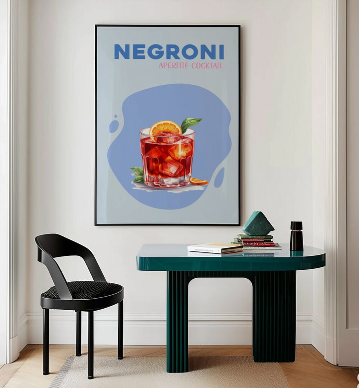 Negroni Cafe Art Prints Cafe Posters in Black Plain Frame placed on a wall behind a study table