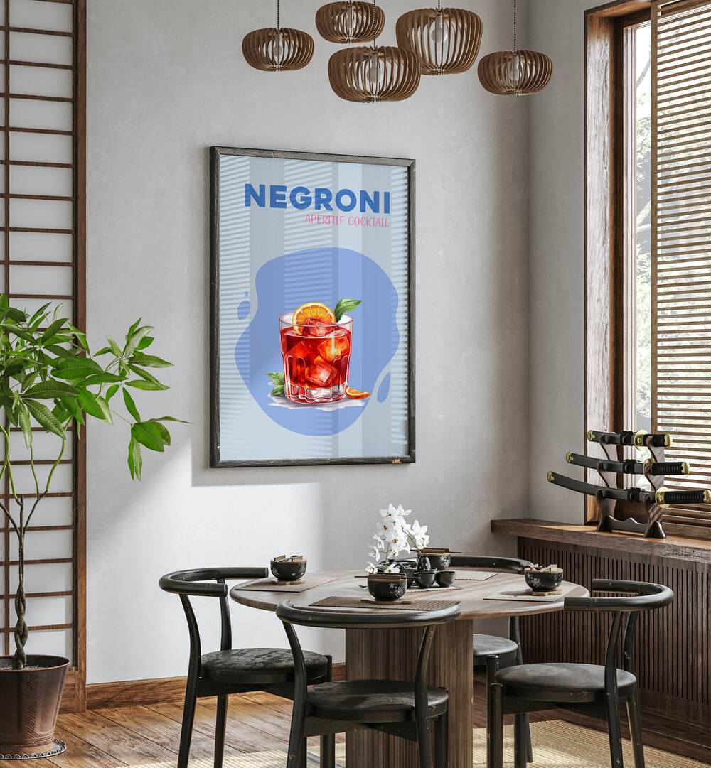 Negroni Cafe Art Prints Cafe Posters in Black Plain Frame placed on a wall in a dining room area beside a window and behind a dining table