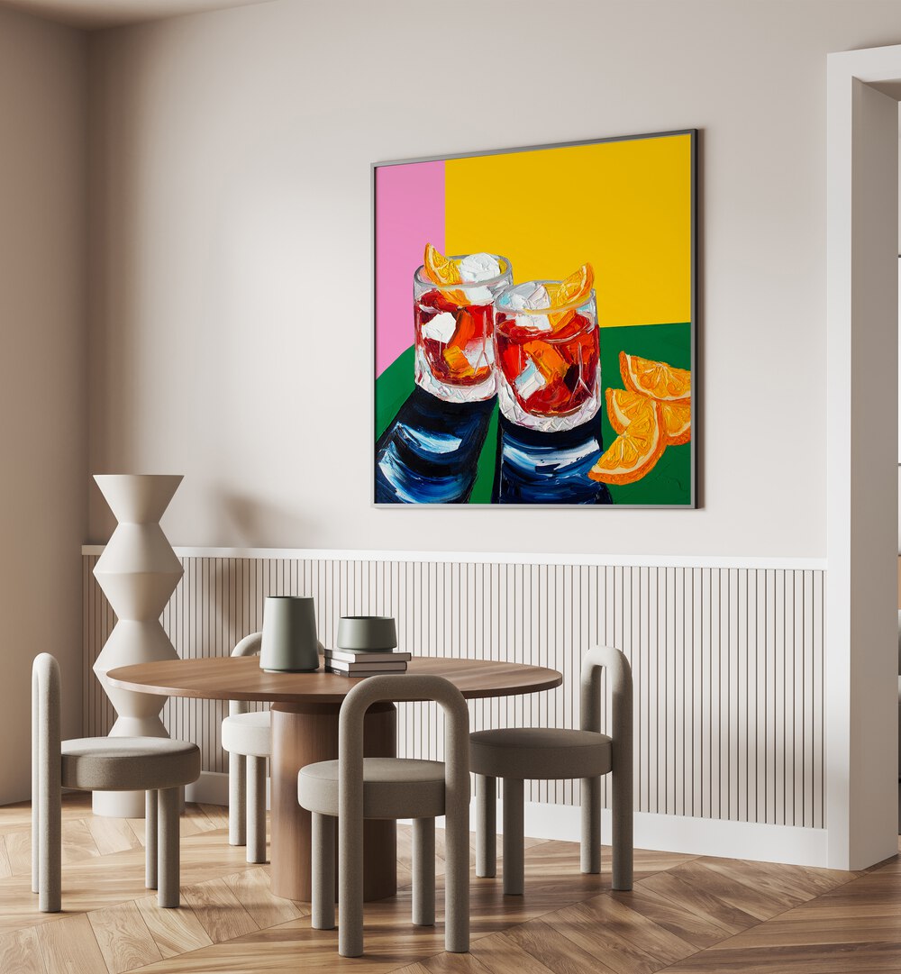 Negronis I by Alice Straker Kitchen Posters Kitchen Art Prints in Oak Wood Plain Frame placed on a wall behind a dining table and beside a window for dining area