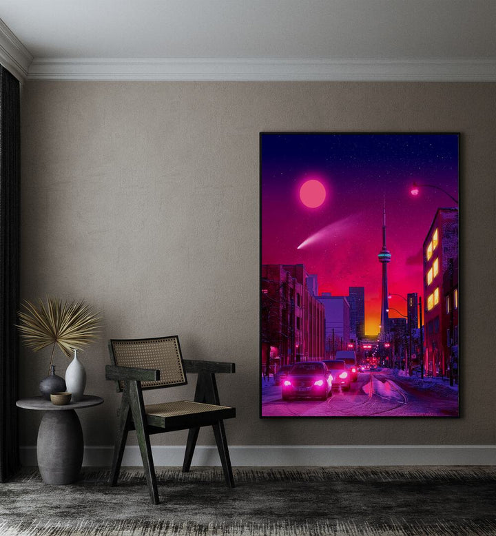 Neon City By Ritvik Takkar Surreal Art Prints in Black Plain Frame placed on a Beige Colored Wall in the Drawing Room