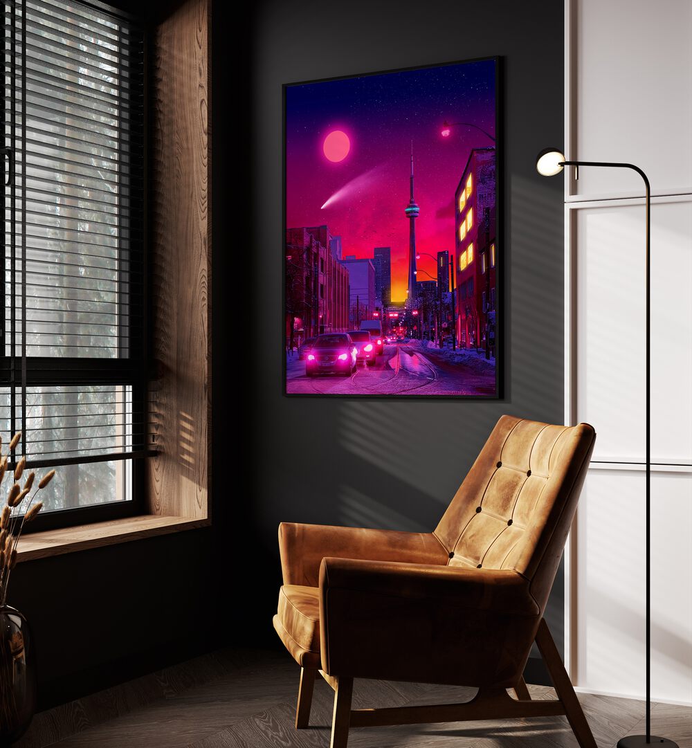 Neon City By Ritvik Takkar Surreal Art Prints in Black Plain Frame placed on a Dark Grey Colored Wall in the Drawing Room