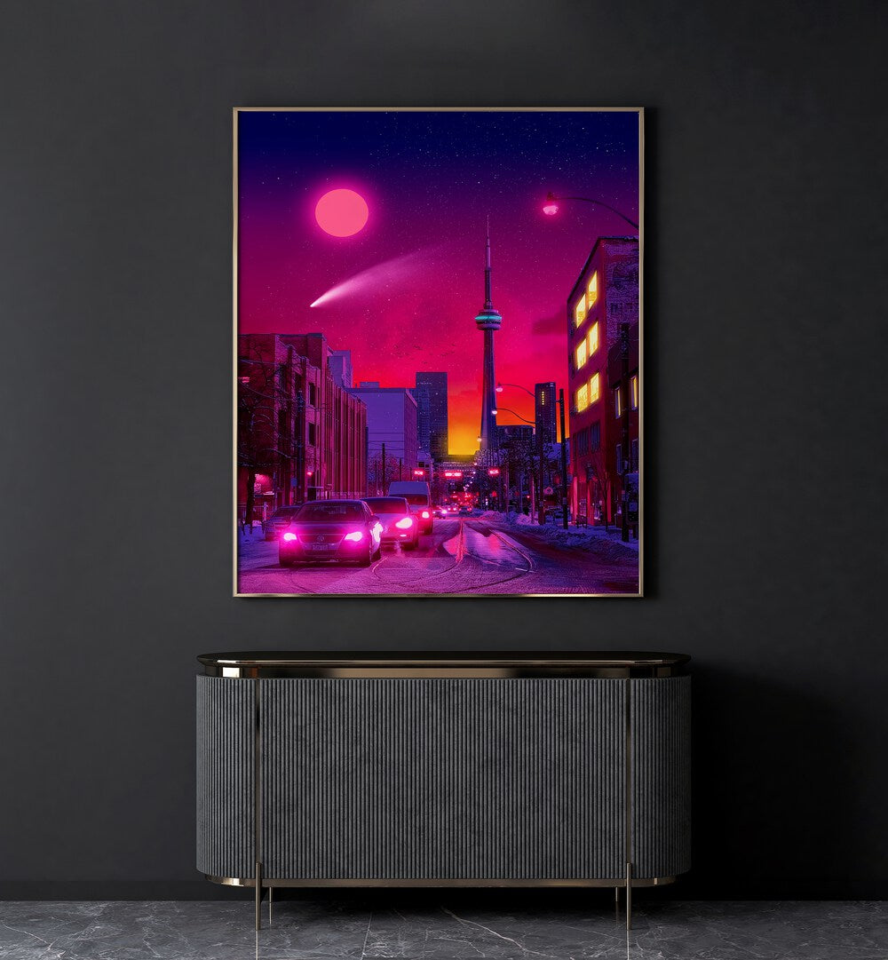 Neon City By Ritvik Takkar Surreal Art Prints in Gold Plain Frame placed on a Dark Grey Colored Wall above a Console Table in the Drawing Room