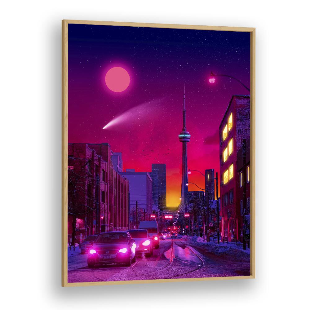 Neon City by Ritvik Takkar Surrealism in Oak Wood Plain Frame