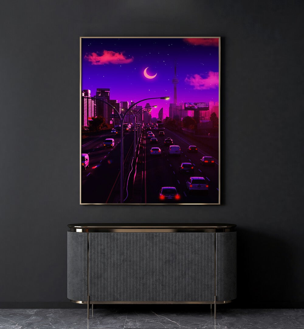 Neon Dusk By Ritvik Takkar Surreal Art Prints in Gold Plain Frame placed on a Dark Grey Colored Wall above a Console Table in the Drawing Room