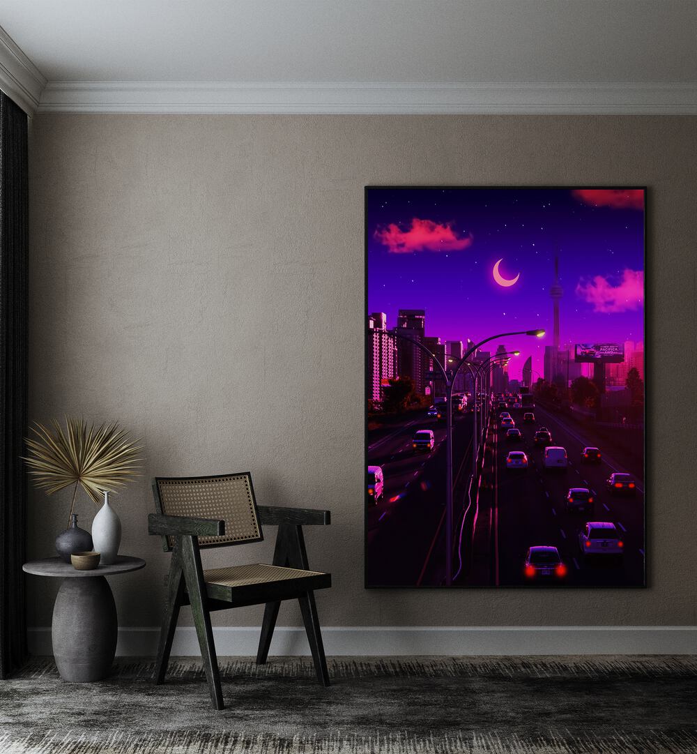 Neon Dusk By Ritvik Takkar Surreal Art Prints in Black Plain Frame placed on a Beige Colored Wall in the Drawing Room