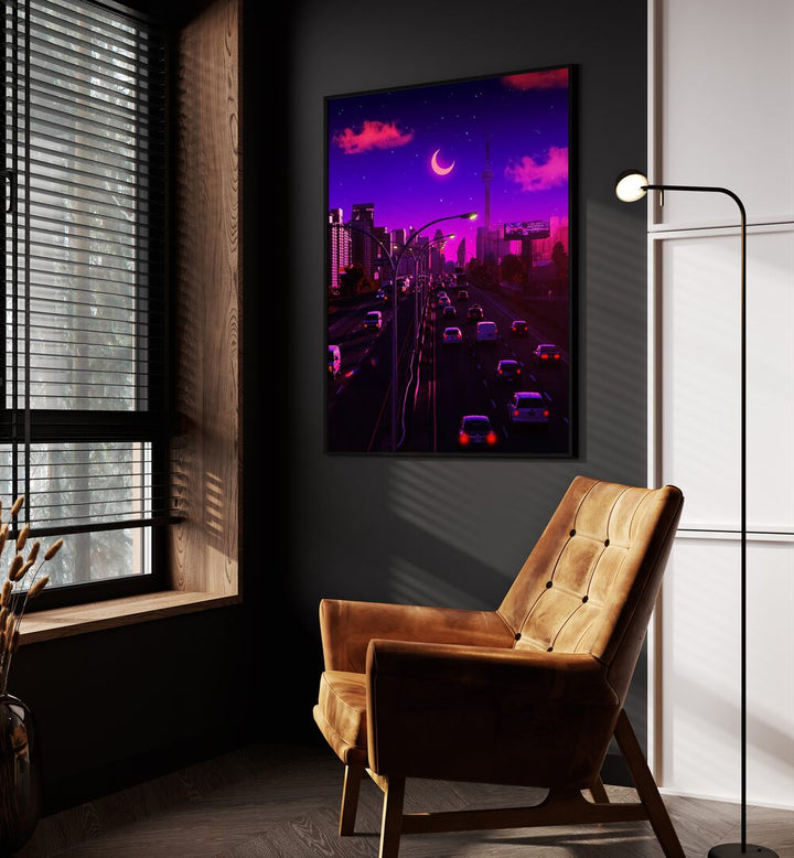 Neon Dusk By Ritvik Takkar Surreal Art Prints in Black Plain Frame placed on a Dark Grey Colored Wall in the Drawing Room