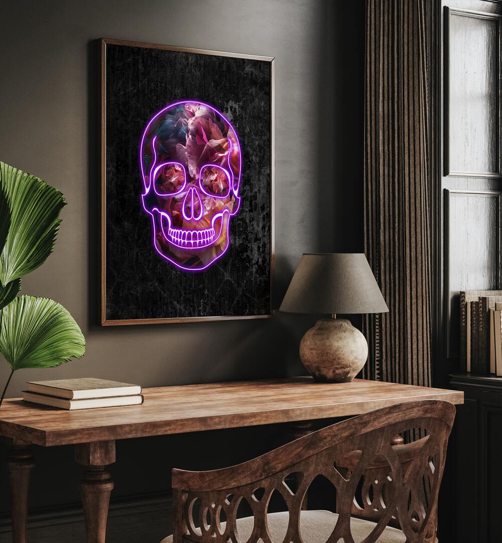 Neon Halloween Skull By Sarah Manovski Botanical Art Print in Oak Wood Plain Frame placed on a wall behind a study table