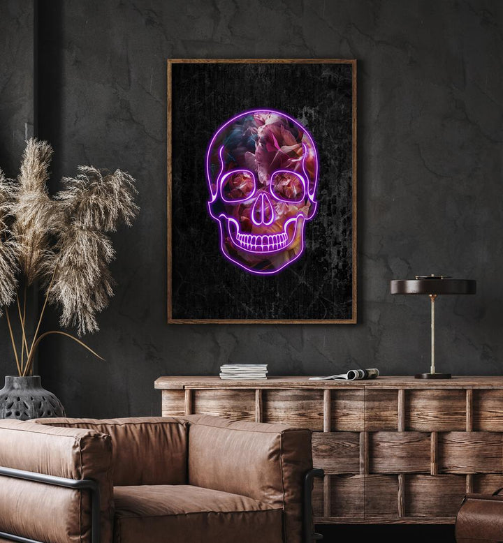 Neon Halloween Skull By Sarah Manovski Botanical Art Print in Dark Wood Plain Frame placed placed on a wall behind a wooden console table