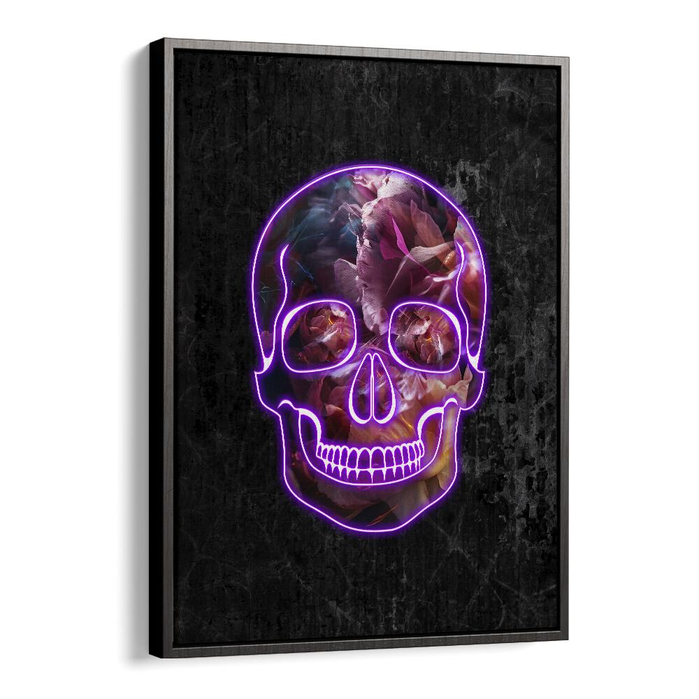 Neon Halloween Skull By Sarah Manovski Botanical Art Print in Black Floater Frame