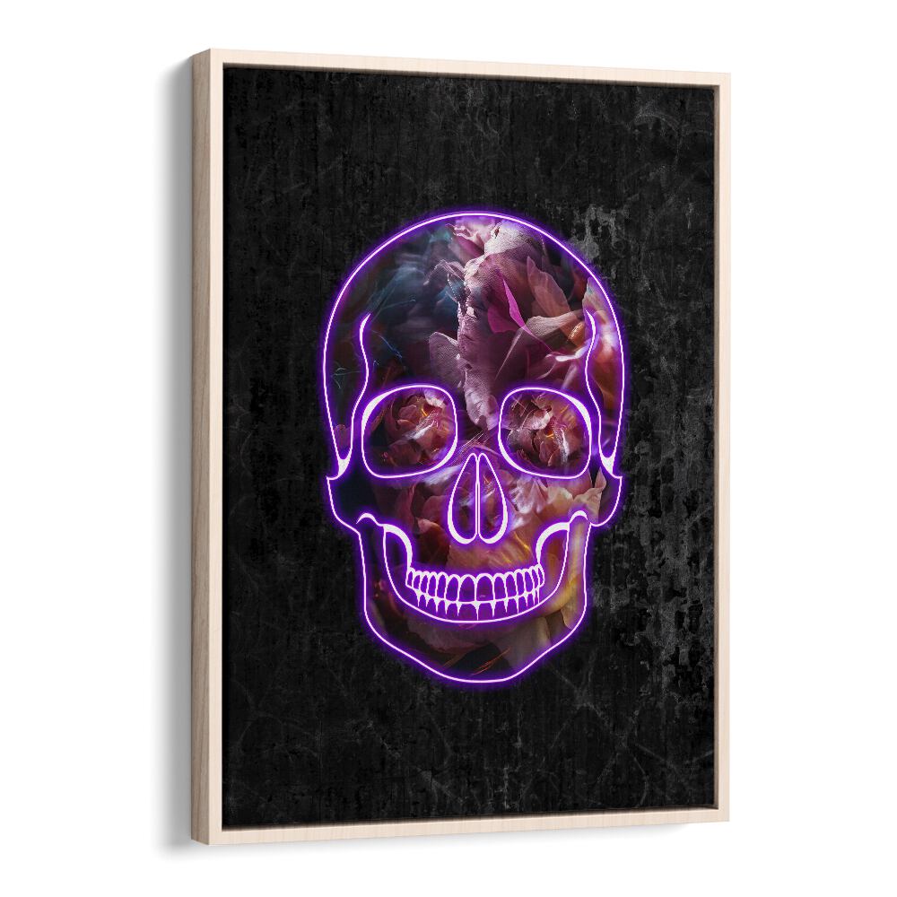 Neon Halloween Skull By Sarah Manovski Botanical Art Print in Oak Wood Floater Frame