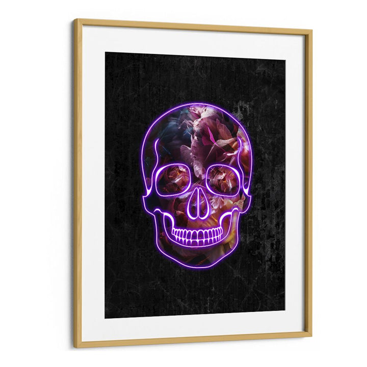 Neon Halloween Skull By Sarah Manovski Botanical Art Print in Oak Wood Frame With Mount