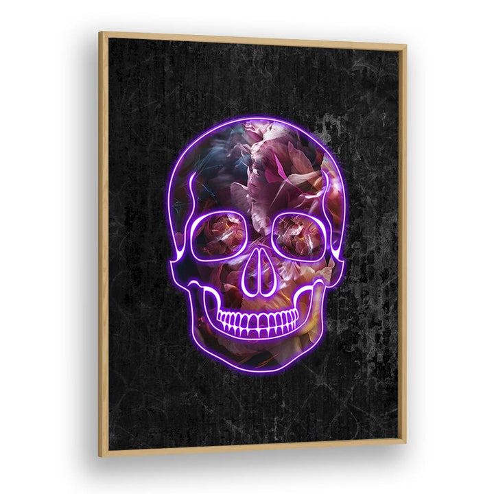 Neon Halloween Skull By Sarah Manovski Botanical Art Print in Oak Wood Plain Frame