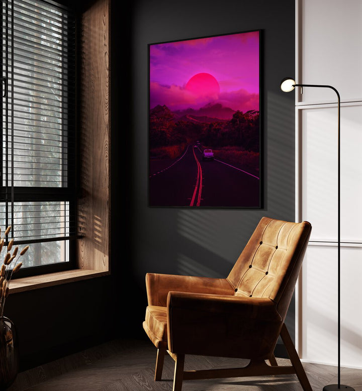 Neon Mountain By Ritvik Takkar Surrealism in Black Plain Frame placed on a Dark Grey Colored Wall in the Drawing Room