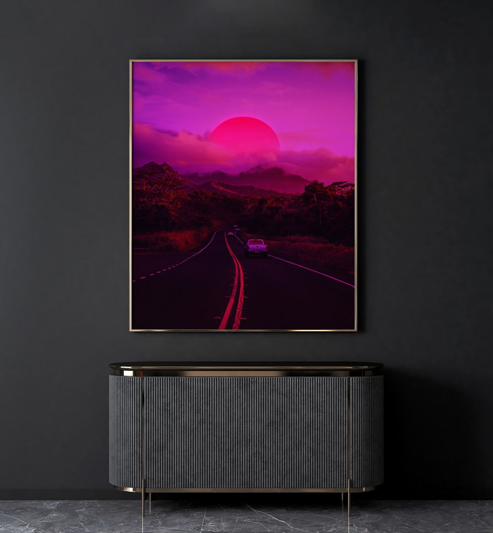 Neon Mountain By Ritvik Takkar Surrealism in Gold Plain Frame placed on a Dark Grey Colored Wall above a Console Table