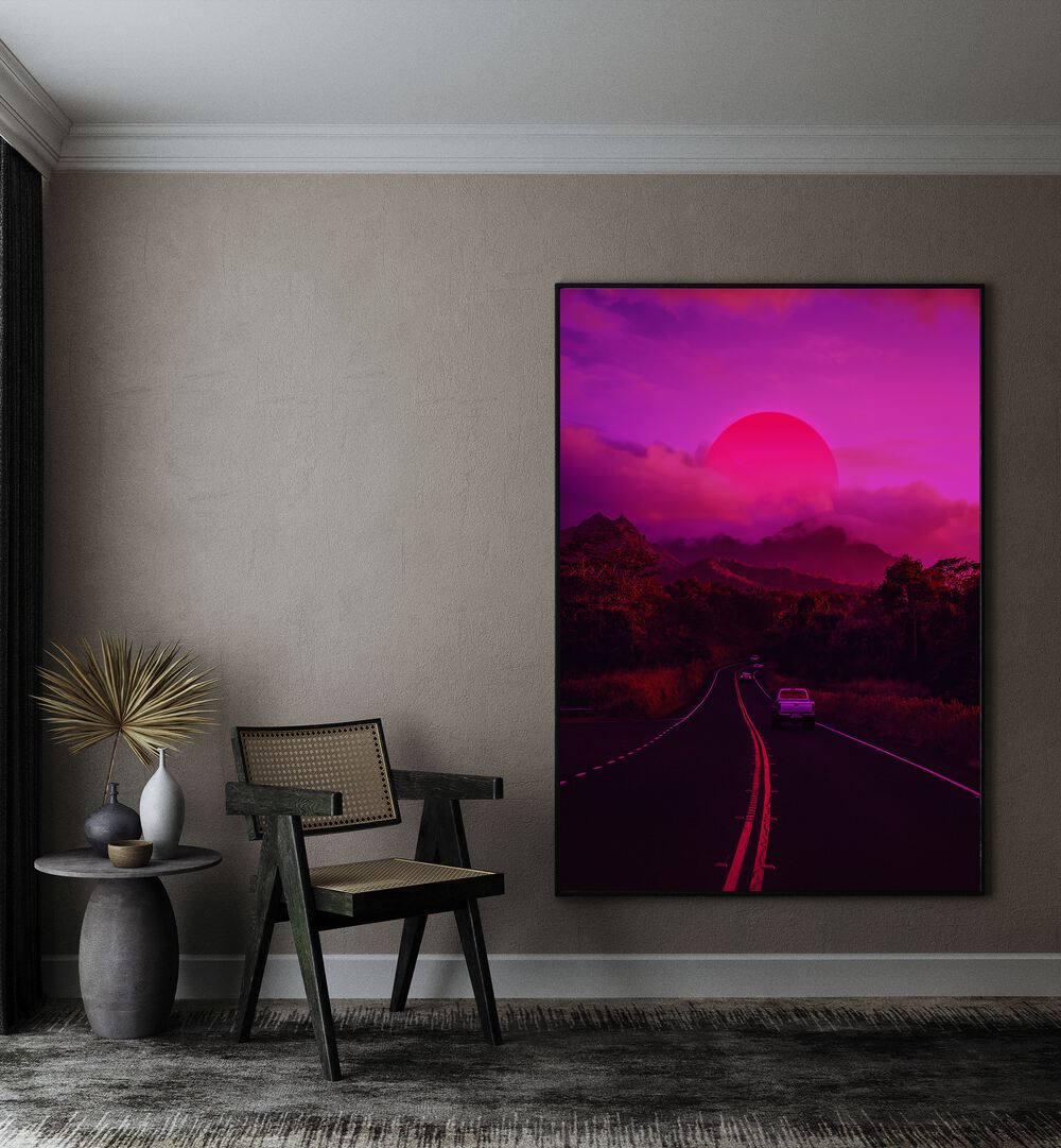 Neon Mountain By Ritvik Takkar Surrealism in Black Plain Frame placed on a Beige Colored Wall in the Drawing Room