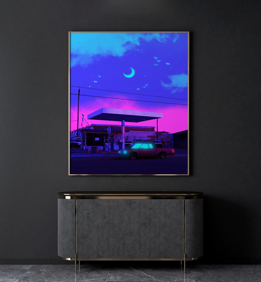 Neon Night Moon By Ritvik Takkar Surreal Art Prints in Gold Plain Frame placed on a Dark Grey Colored Wall above a Console Table in the Drawing Room