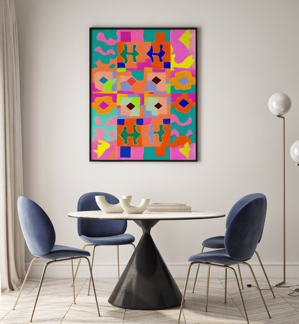 Neon Peru Pattern By Treechild Abstract Art Prints in Black Plain Frame placed on a White Colored Wall near a Coffee Table in the Dining Room