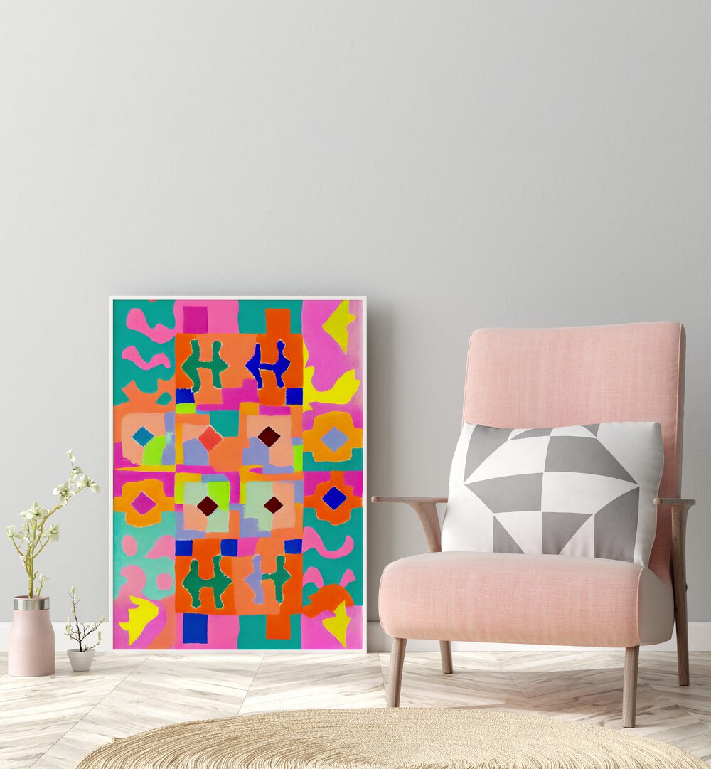 Neon Peru Pattern By Treechild Abstract Art Prints in White Plain Frame placed on the floor placed on a Grey Colored Wallin the Drawing Room