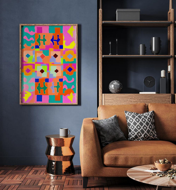 Neon Peru Pattern By Treechild Abstract Art Prints in Oak Wood Plain Frame placed on a Blue Colored Wall near a Brown Sofa in the Living Room