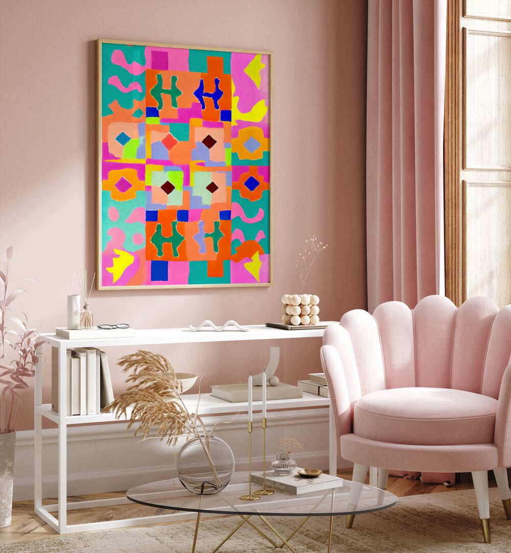 Neon Peru Pattern By Treechild Abstract Art Prints in Oak Wood Plain Frame placed on a Pink Colored Wall above a Console Table in the Drawing Room