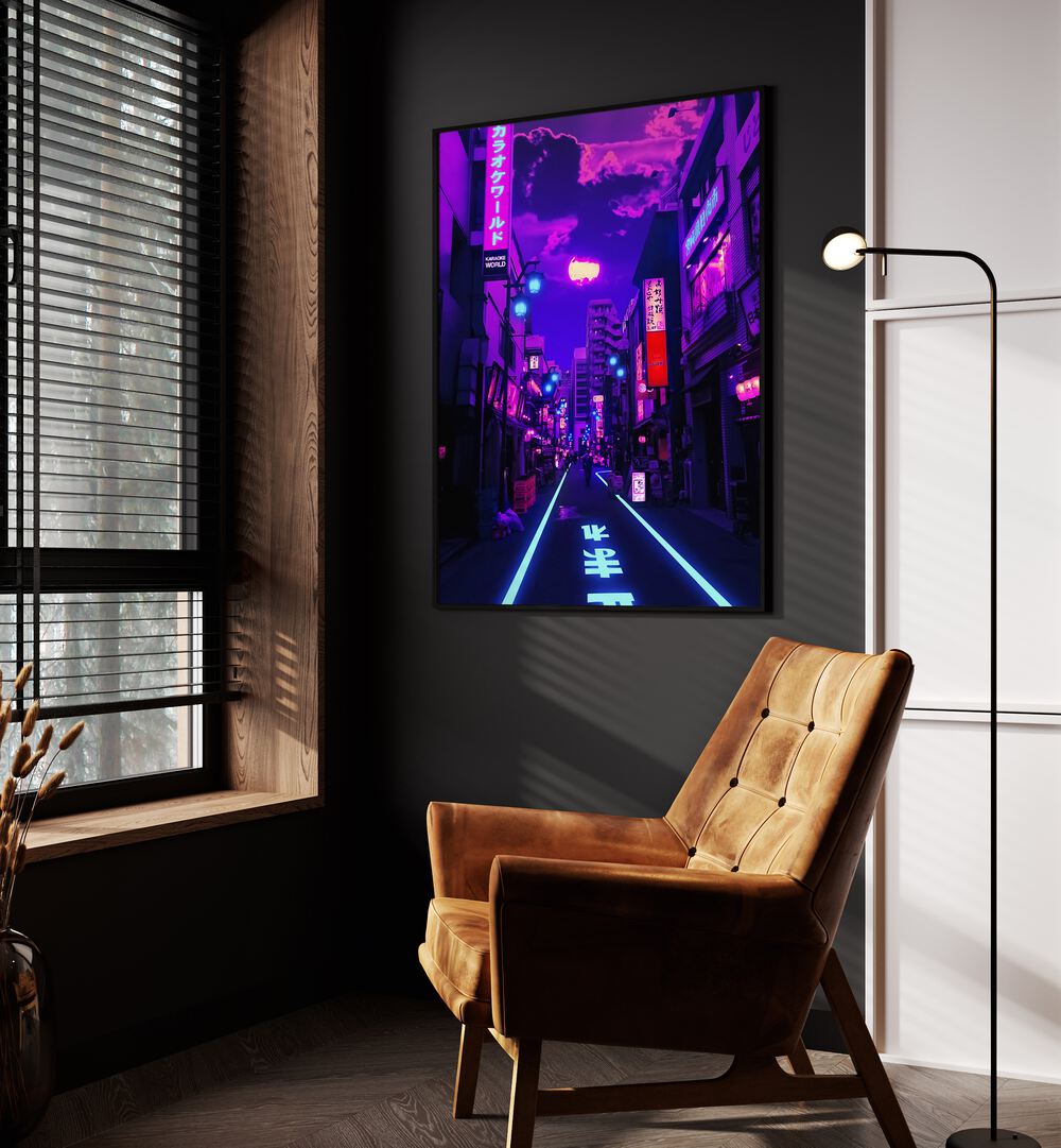 Neon Planet By Ritvik Takkar Surrealism in Black Plain Frame placed on a Dark Grey Colored Wall in the Drawing Room