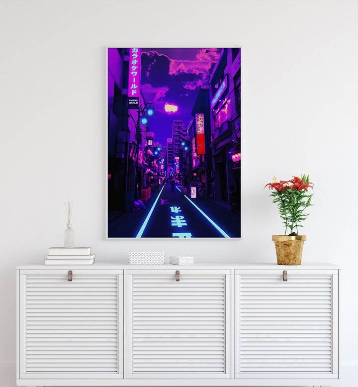 Neon Planet By Ritvik Takkar Surrealism in White Plain Frame placed on a White Colored Wall above a Console Table