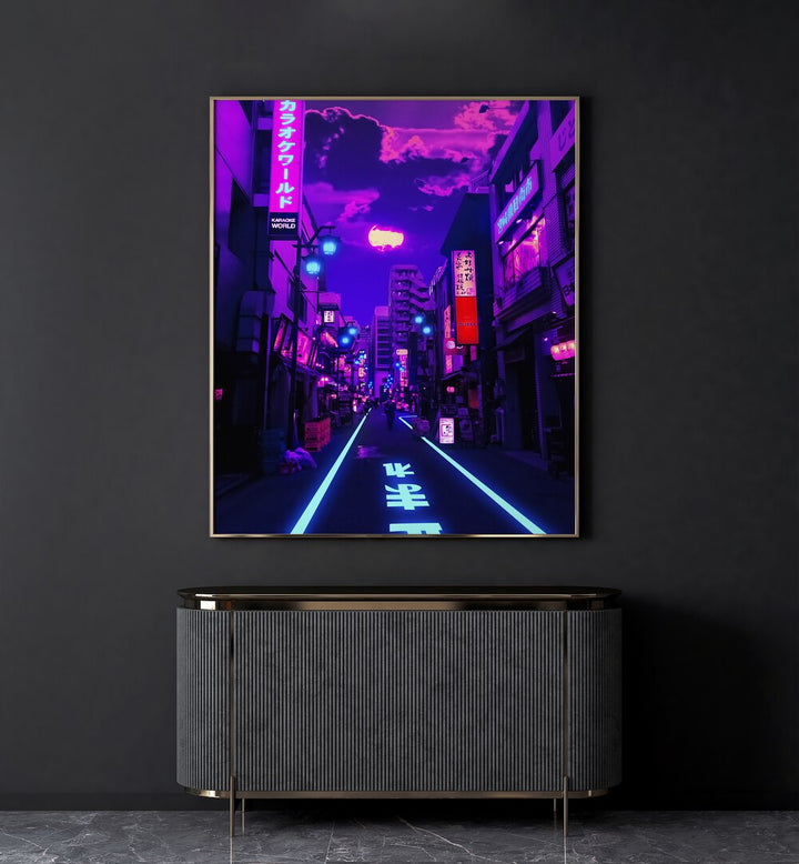 Neon Planet By Ritvik Takkar Surrealism in Gold Plain Frame placed on a Dark Grey Colored Wall above a Console Table