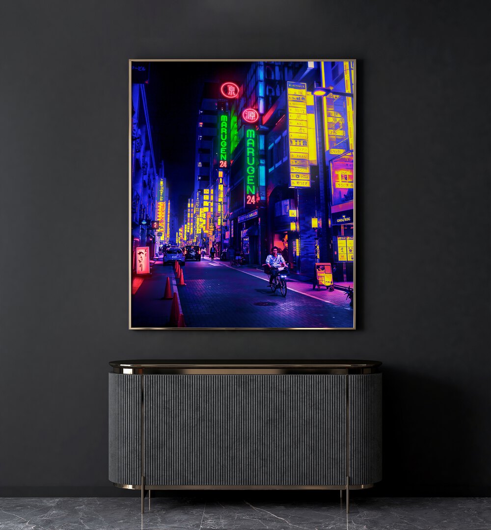 Neon Street By Ritvik Takkar Surrealism in Gold Plain Frame placed on a Dark Grey Colored Wall above a Console Table in the Drawing Room