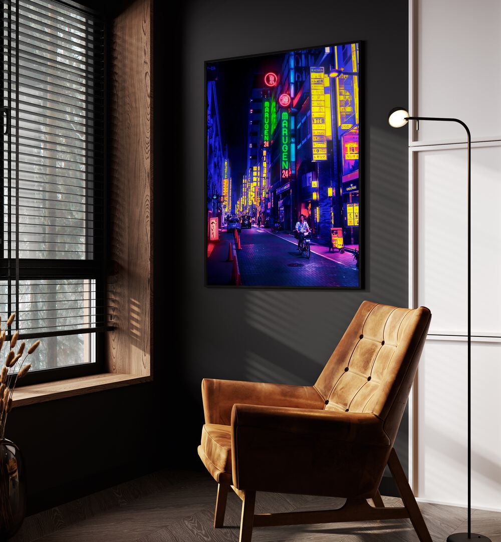 Neon Street By Ritvik Takkar Surrealism in Black Plain Frame placed on a Dark Grey Colored Wall in the Drawing Room