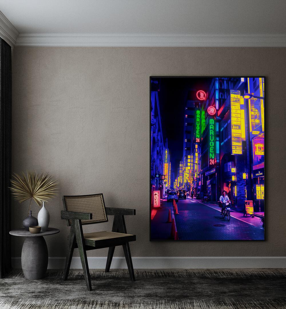 Neon Street By Ritvik Takkar Surrealism in Black Plain Frame placed on a Beige Colored Wall in the Drawing Room