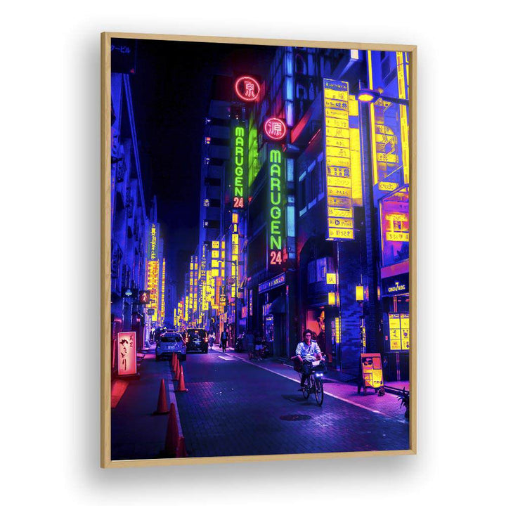 Neon Street By Ritvik Takkar Surrealism in Oak Wood Plain Frame