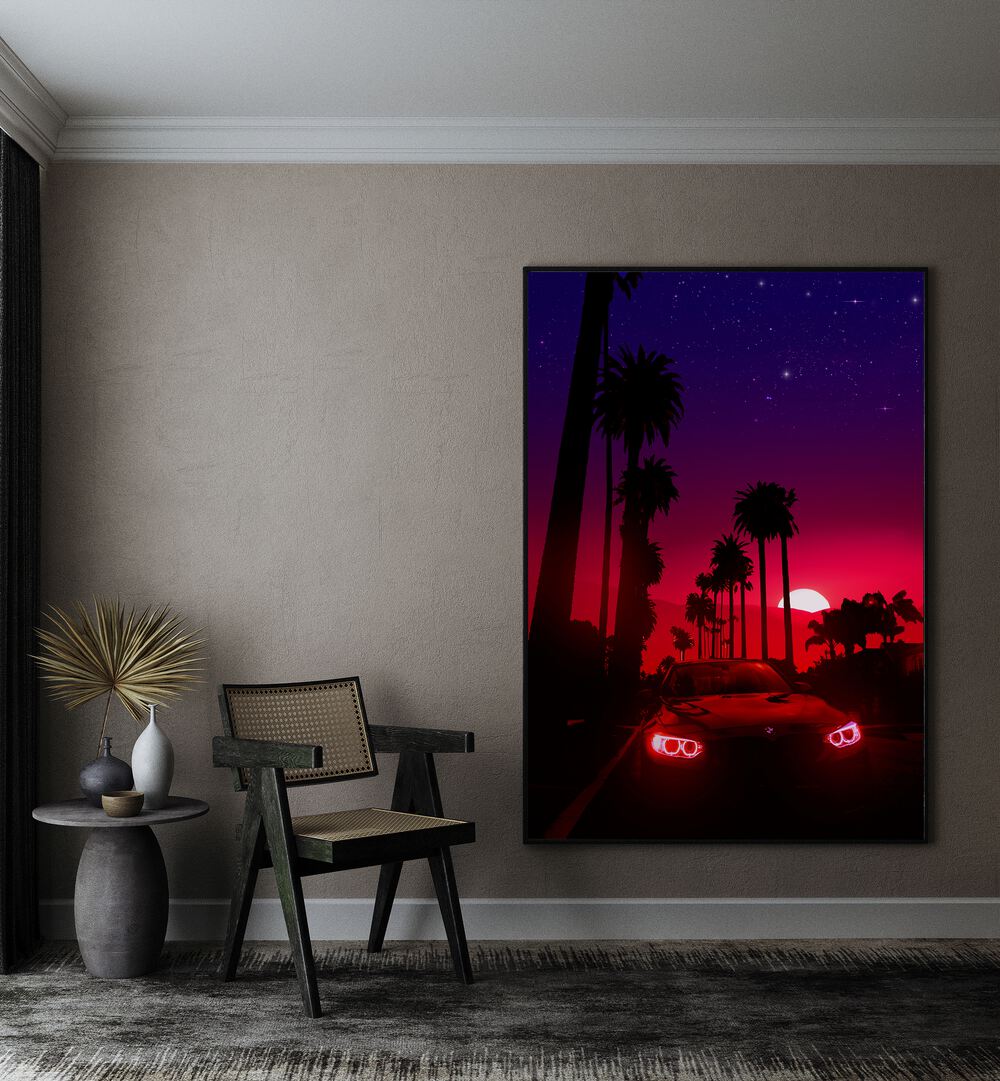 Neon Sunset Drive By Ritvik Takkar Surrealism in Black Plain Frame placed on a Beige Colored Wall in the Drawing Room