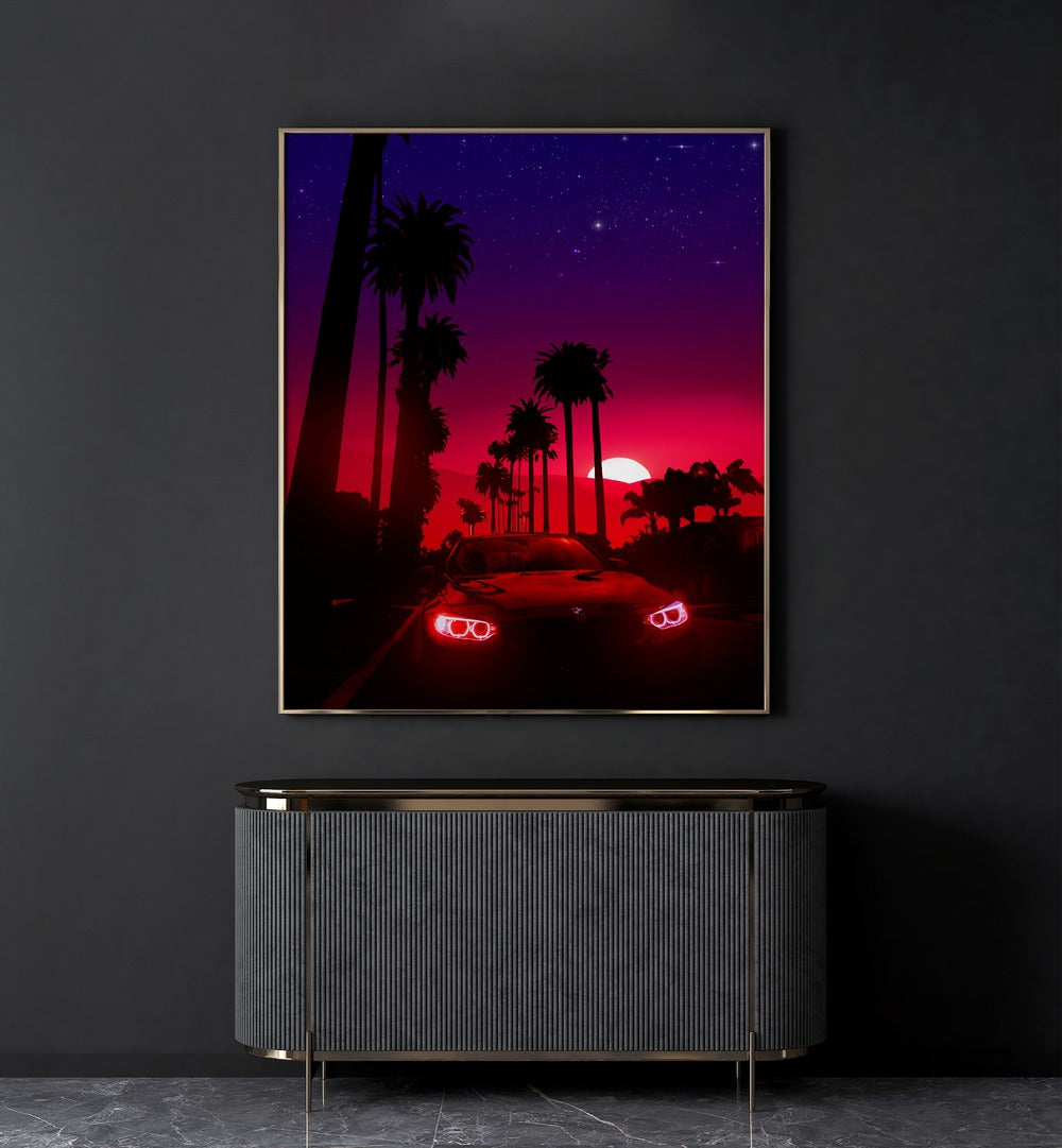 Neon Sunset Drive By Ritvik Takkar Surrealism in Gold Plain Frame above a Console Table  