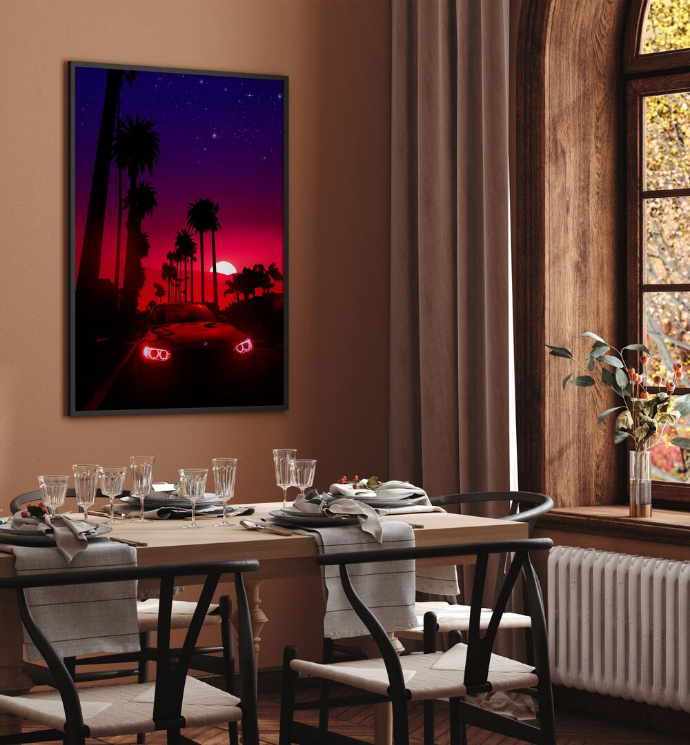 Neon Sunset Drive By Ritvik Takkar Surrealism in Black Plain Frame placed on a Brown Colored Wall near a Dining Table in the Dining Room