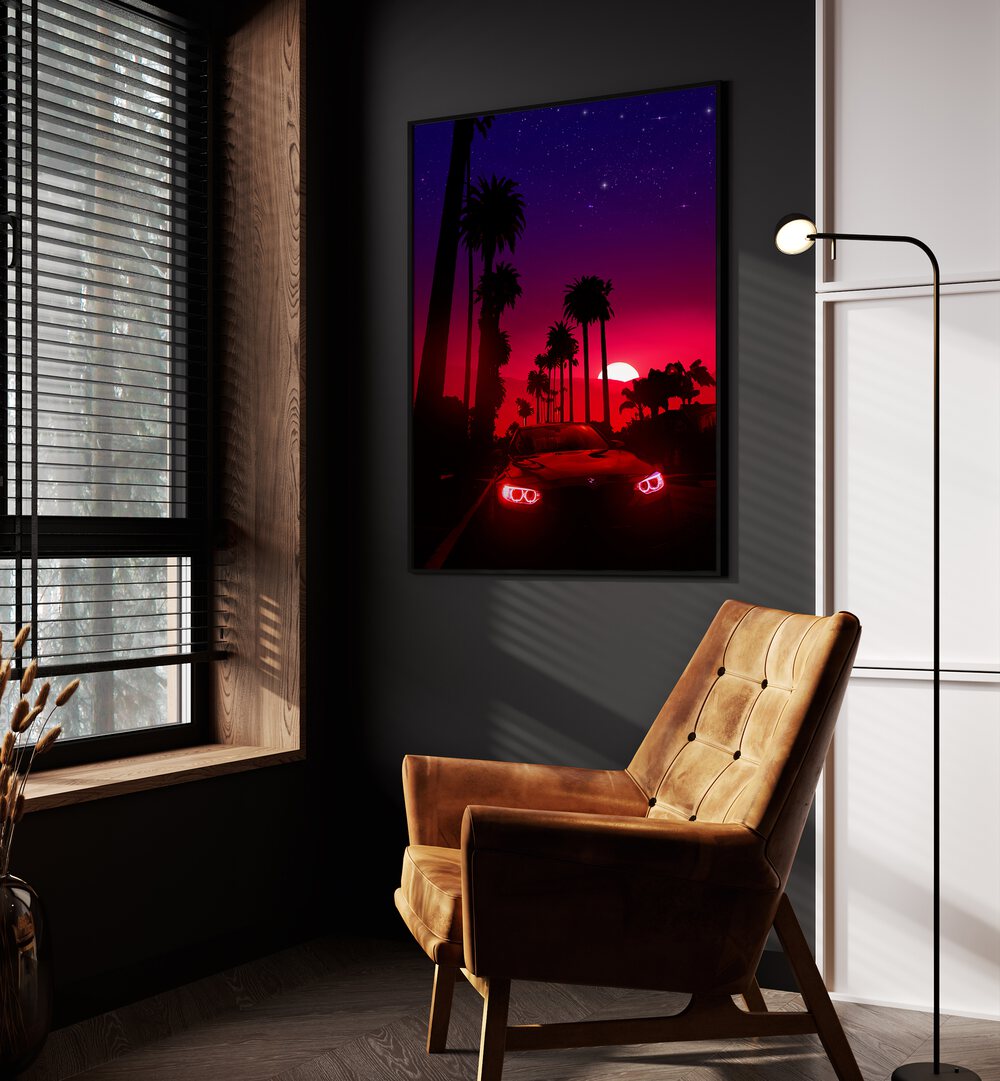 Neon Sunset Drive By Ritvik Takkar Surrealism in Black Plain Frame placed on a Dark Grey Colored Wall in the Drawing Room