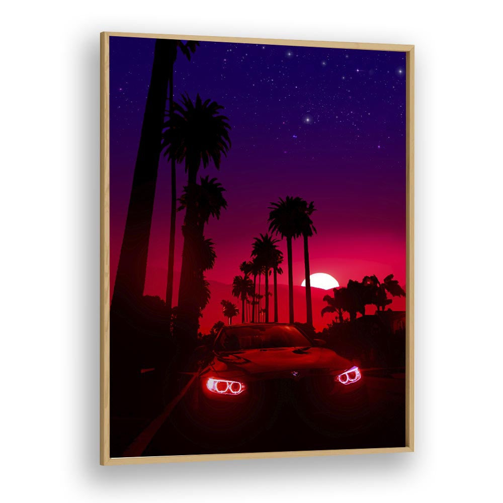 Neon Sunset Drive By Ritvik Takkar Surrealism in Oak Wood Plain Frame