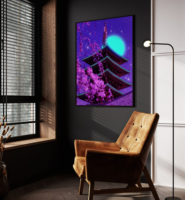 Neon Temple By Ritvik Takkar Surreal Art Prints in Black Plain Frame placed on a Dark Grey Colored Wall in the Drawing Room