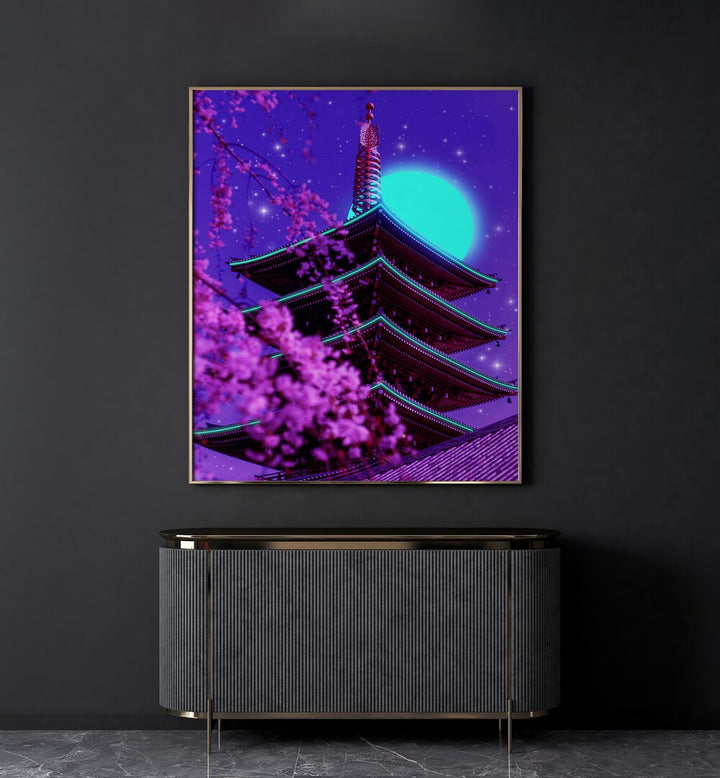 Neon Temple By Ritvik Takkar Surreal Art Prints in Gold Plain Frame placed on a Dark Grey Colored Wall above a Console Table in the Drawing Room