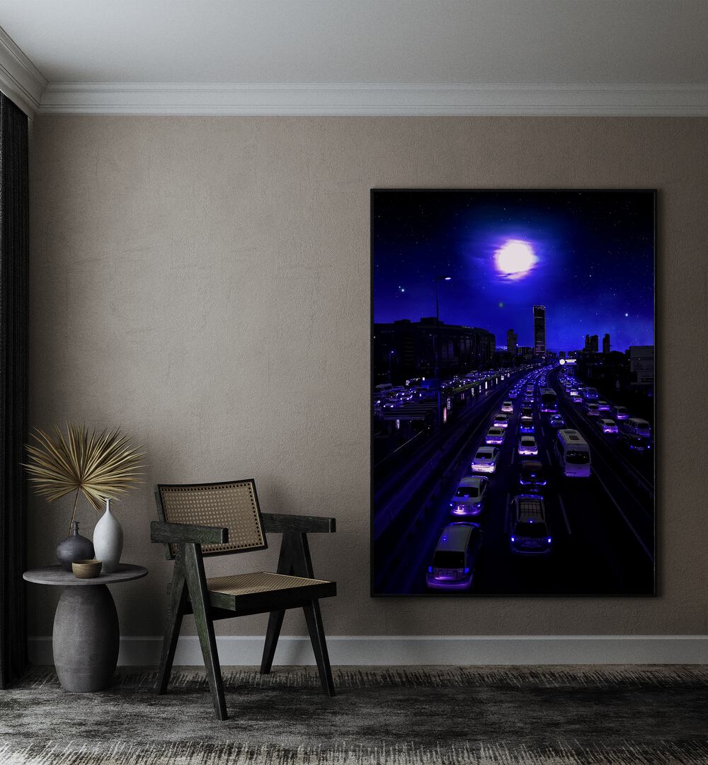 Neon Traffic By Ritvik Takkar Surreal Art Prints in Black Plain Frame placed on a Beige Colored Wall in the Drawing Room