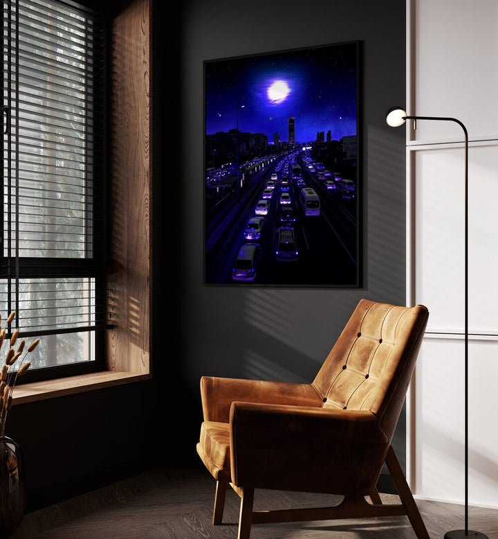 Neon Traffic By Ritvik Takkar Surreal Art Prints in Black Plain Frame placed on a Dark Grey Colored Wall in the Drawing Room