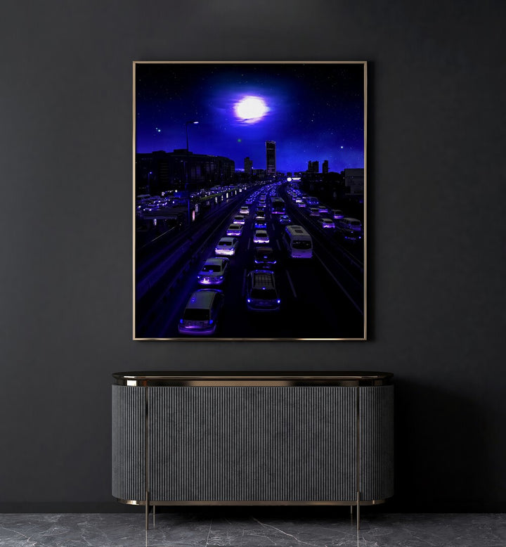 Neon Traffic By Ritvik Takkar Surreal Art Prints in Gold Plain Frame placed on a Dark Grey Colored Wall above a Console Table in the Drawing Room