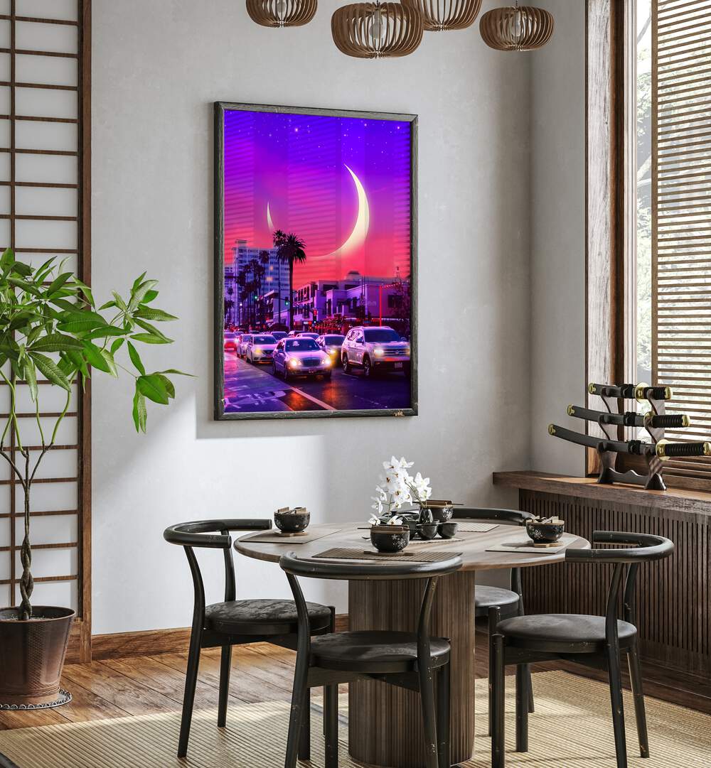 Neonsthetic By Ritvik Takkar Surrealism in Black Plain Frame placed on a White Colored Wall near a Dining Table in the Dining Room