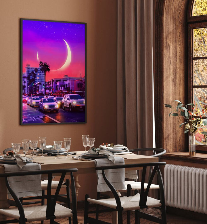 Neonsthetic By Ritvik Takkar Surrealism in Black Plain Frame placed on a Brown Colored Wall near a Dining Table in the Dining Room