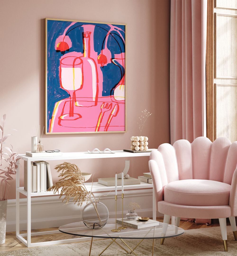 Neonstilllifeno By Treechild Wall Art Prints in Oak Wood Plain Frame placed on a Pink Colored Wall above a Console Table in the Drawing Room